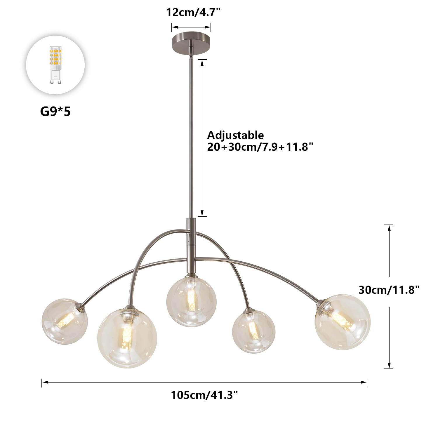Fulesi Mid Century Modern Sputnik Chandelier With Glass Globe Cognac Shade Adjustable 5 Light Silver Chandelier For Dining Room