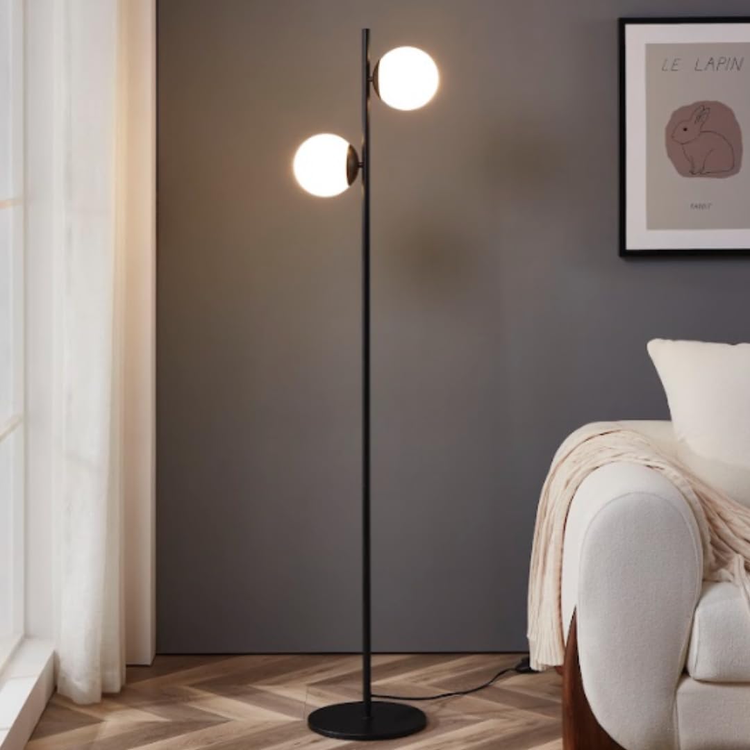 Brightech Sphere Floor Lamp - Mid Century Modern, 2 Globe LED Light, Black, Model FL-SPHR-BLK