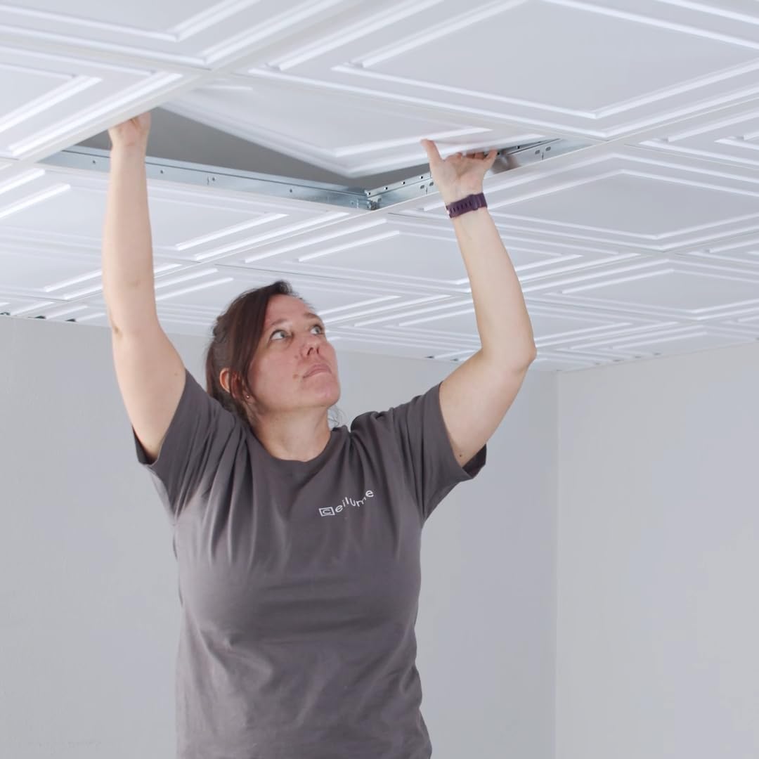 Ceilume Drop Ceiling Tile; 2x2 Ceiling Tiles - Stratford Ultra-Thin Feather-Light - Use in 1 T-Bar Suspended Grid - (White)