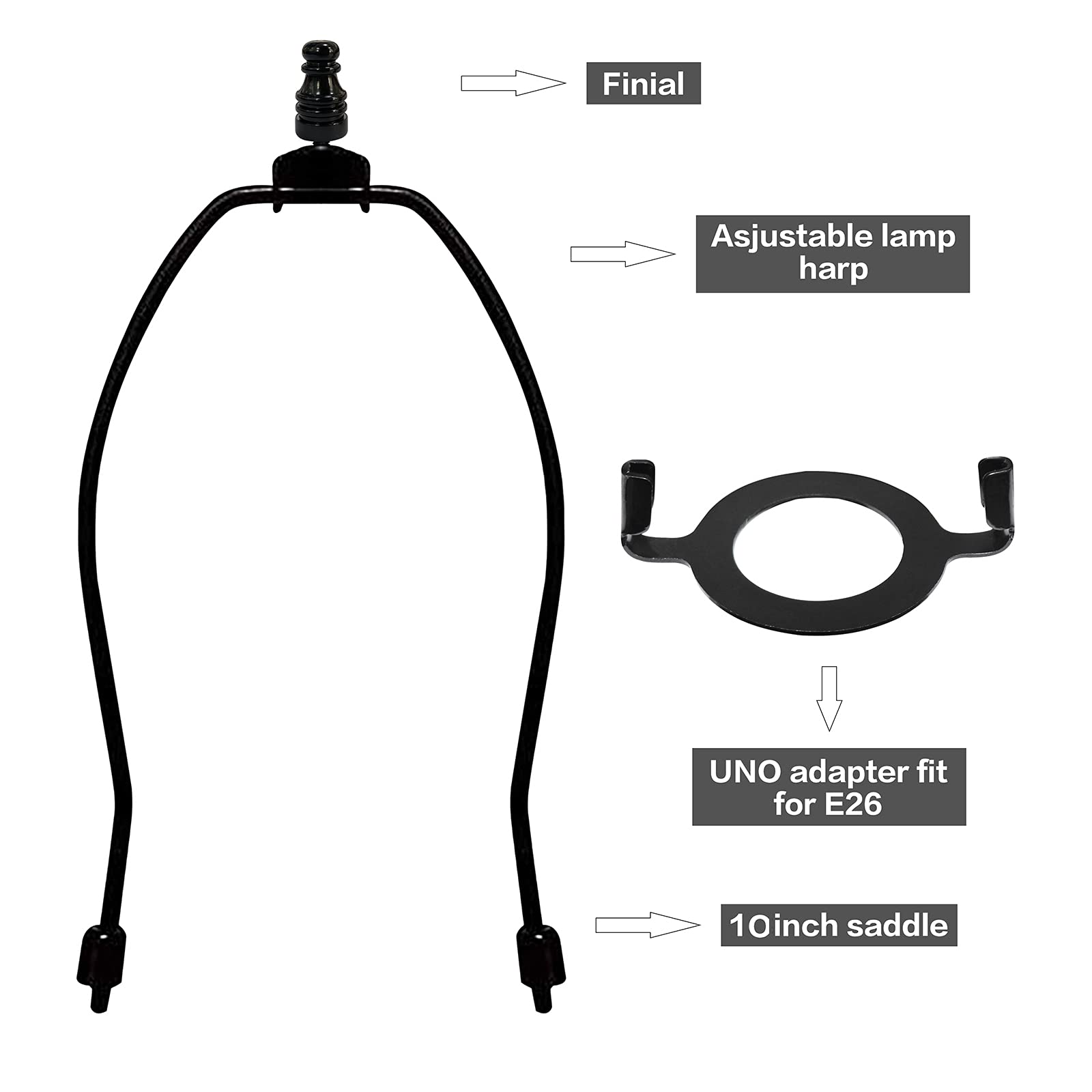 GIGIVOSHA Adjustable Lamp Shade Harps Holder Kit - 10 Inch - Black - E26 UNO Light Base - 2 Pack for Table and Floor Lamps
