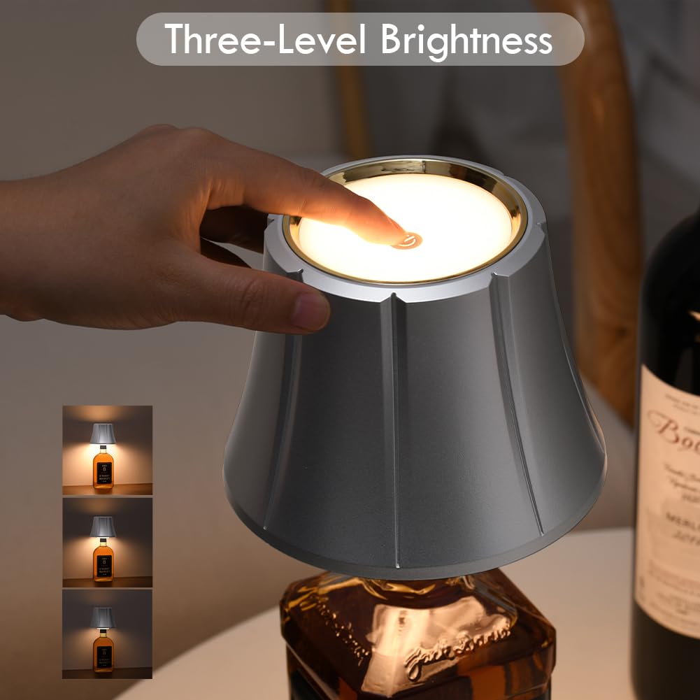 WILIT Wireless Bottle Lamp, Dimmable Cordless Night Light, Battery Operated, Matt Silver