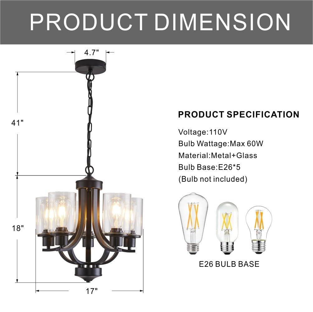 TELAFLY 5-Light Modern Black Chandelier, Rustic Metal Pendant Light for Living Room, Kitchen, Foyer, Bedroom, Model a815706a
