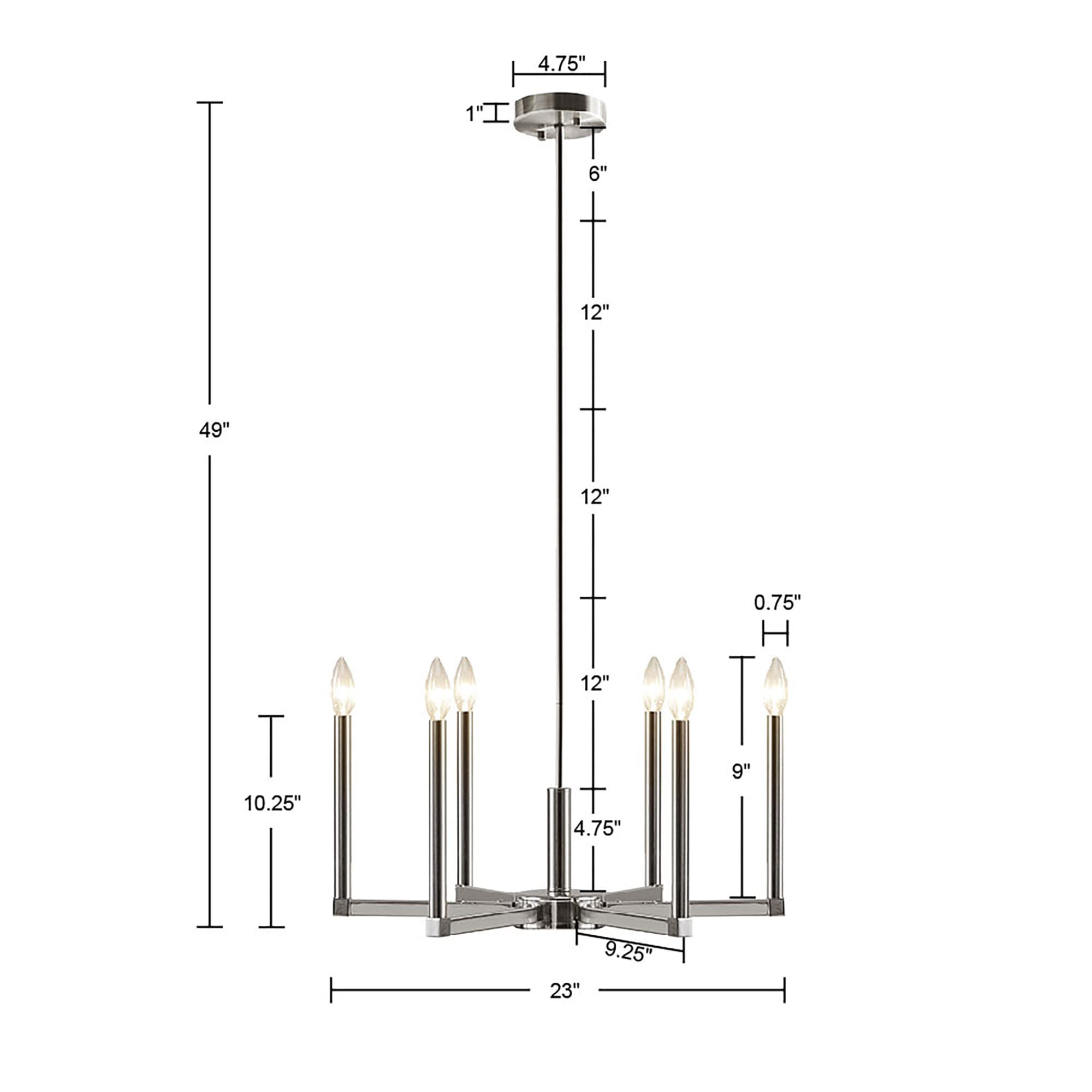 INK+IVY Renzetti Chandelier, Adjustable Rod Ceiling Light, 6 Bulbs, Iron, Silver, 23inDia x 13.25inH-49inH, Model II150