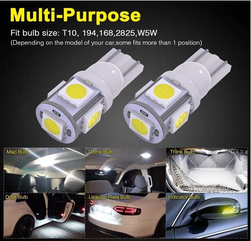 Blyilyb 20-Pack White Replacement Stock # 194 T10 168 2825 W5W 175 158 Bulb 5050 5 Smd Led Light 12V Car Interior Lighting For M
