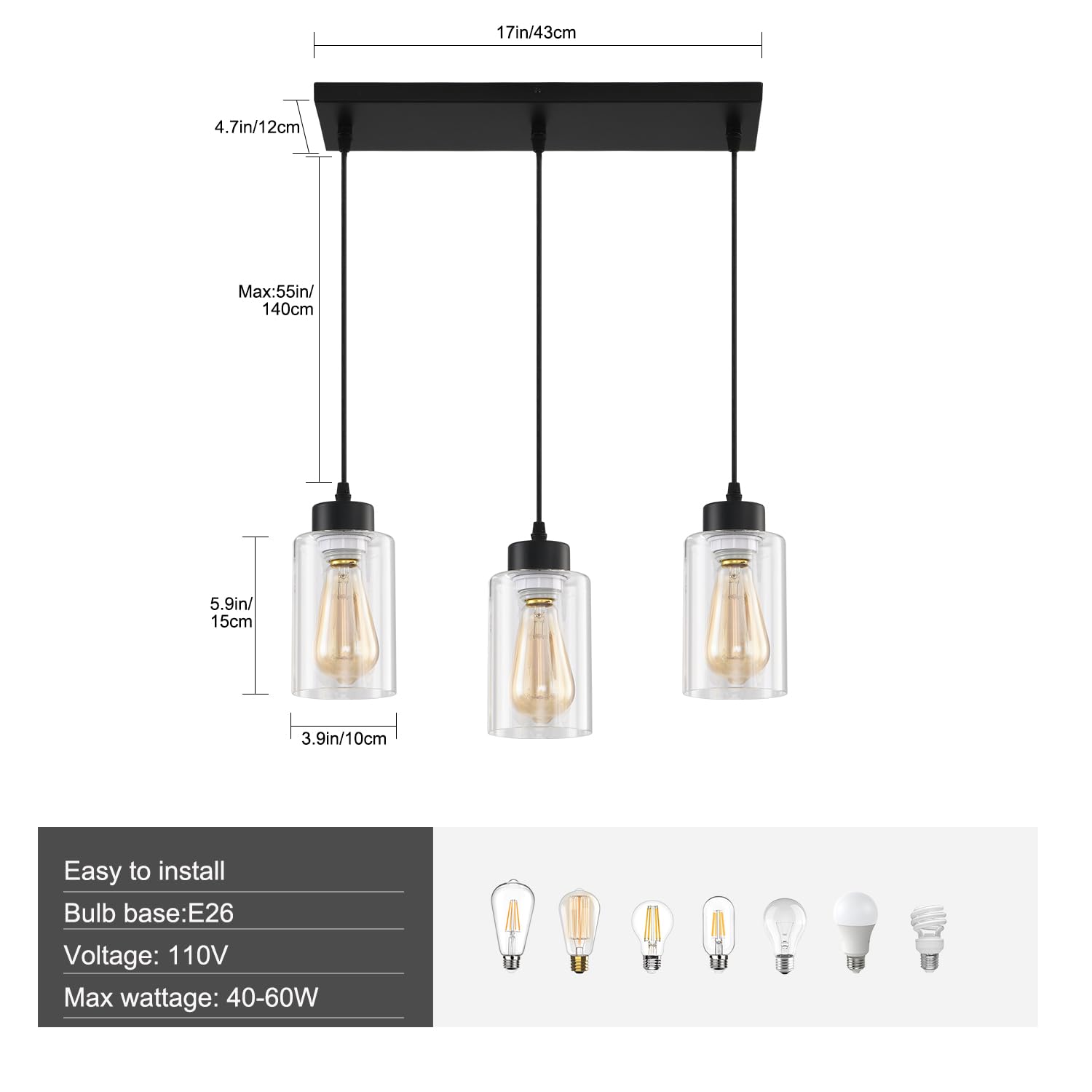 Cafulam Black Chandelier Farmhouse Light Fixtures Over Table  Dining Room Light Fixture Kitchen Island Lighting Chandeliers Modern Pendant Light With Clear Glass Shade Industrial Hanging Lighting