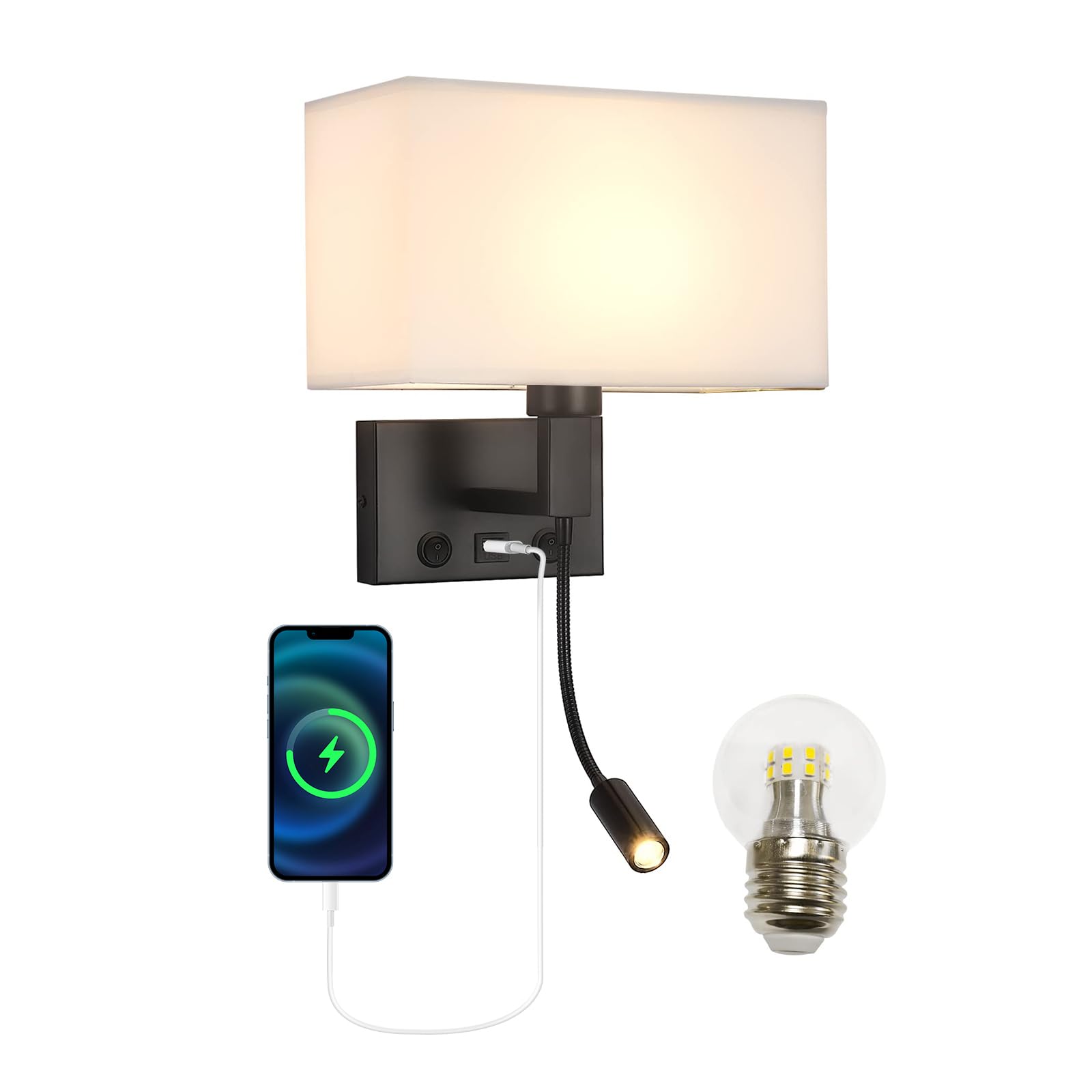 Moon rural Black Wall Sconces, Hardwired Wall Lamp with USB Port and Reading Lamp, Fabric Shade Bedside Wall Lights with Reading