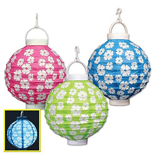 Beistle Light-Up Hibiscus Paper Lanterns, 8-Inch, Cerise/Light Green/Turquoise/White, Model 54580, Decorative Party Lighting