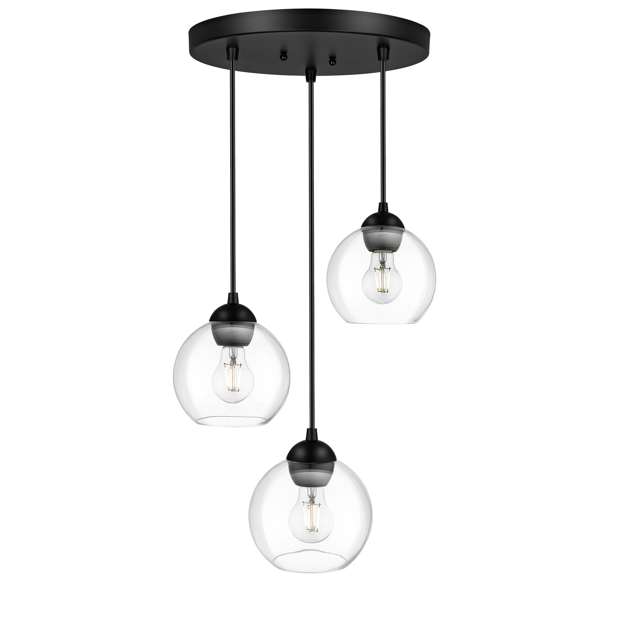 Emak Modern Black Pendant Lights Kitchen Island, 7 Inch Globe Pendant Light with Clear Glass Shade, 3-Light Cluster Island Light