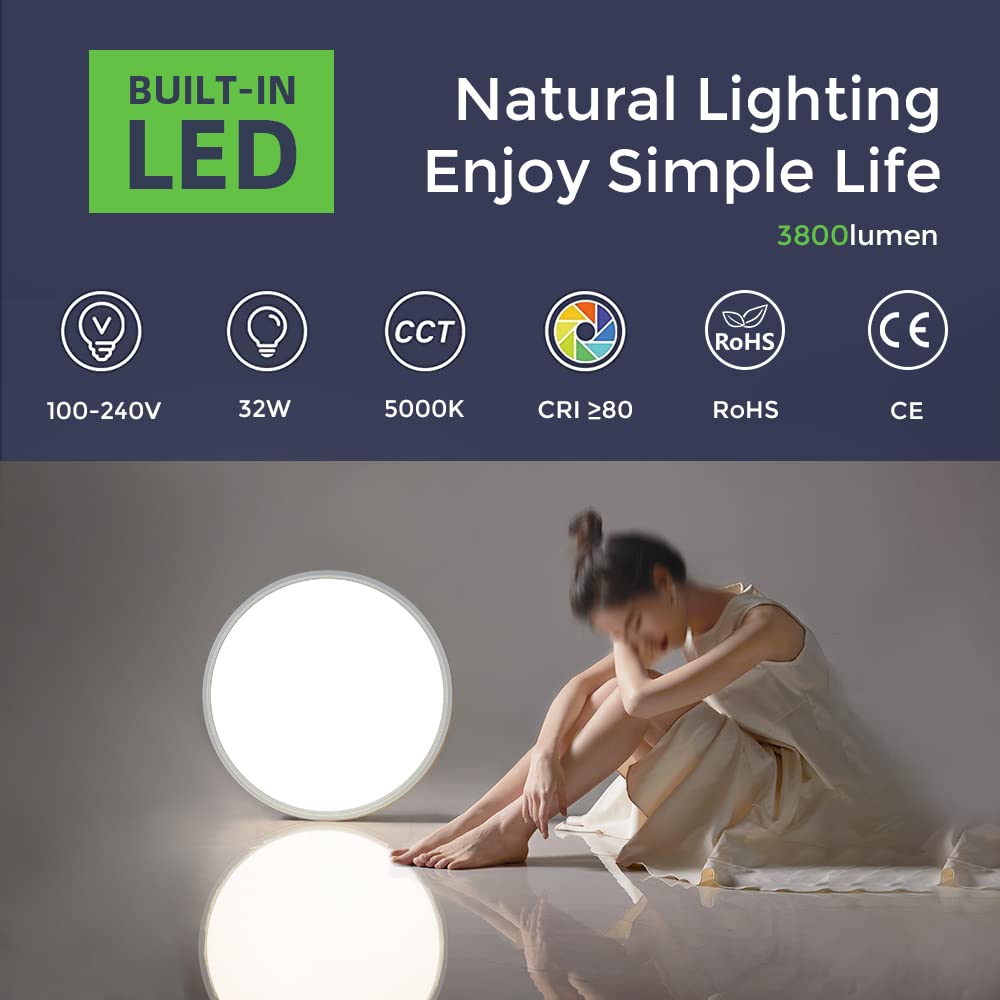 Lightingwill 15.7 Inch Led Flush Mount Ceiling Light Fixture, 5000K Daylight White, 3800Lm, 32W, Flat Modern Round Lighting Fixt