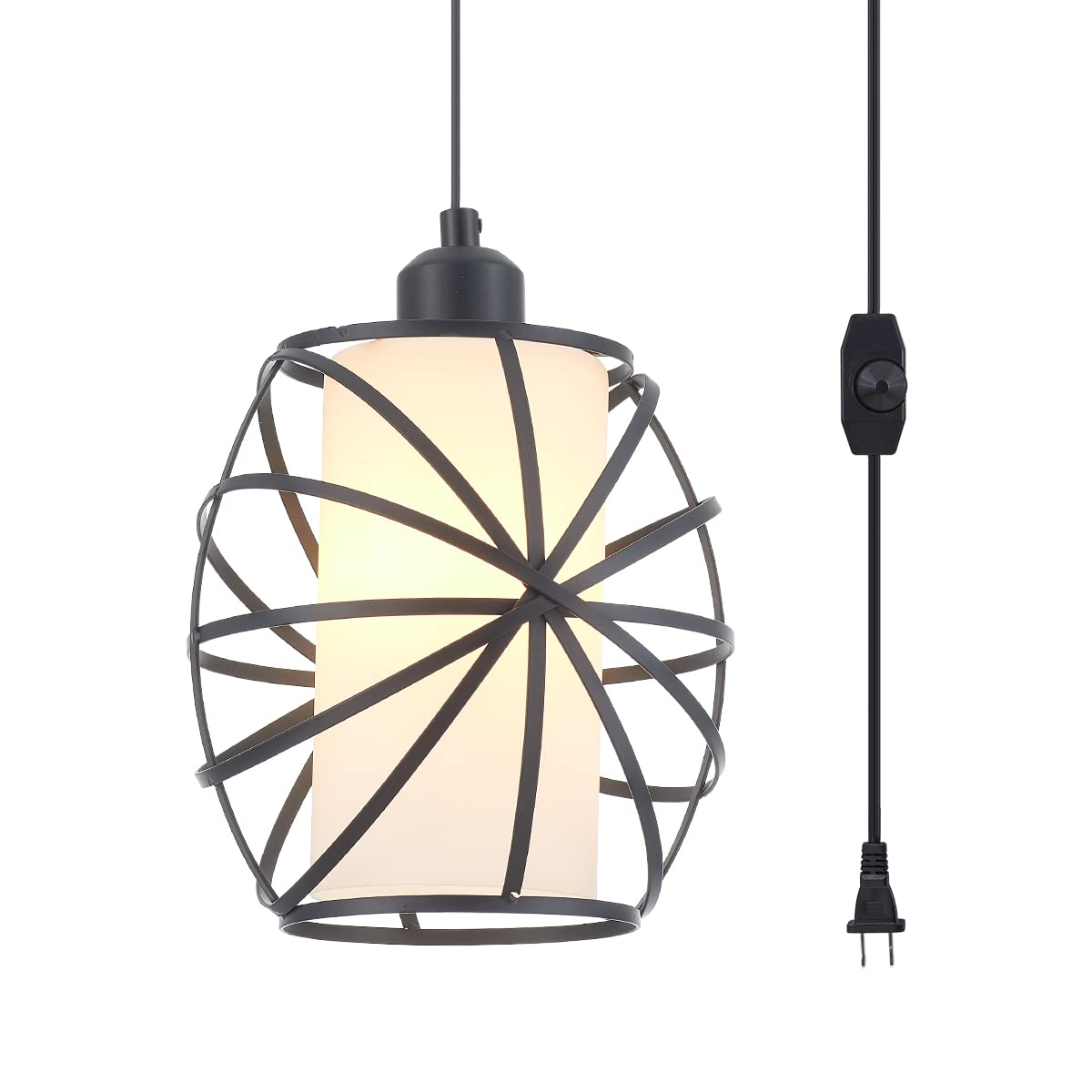 YLONG-ZS Hanging Lights with Plug in Cord, Dimmerable Glass Pendant Lamp, Black, Model YL26B