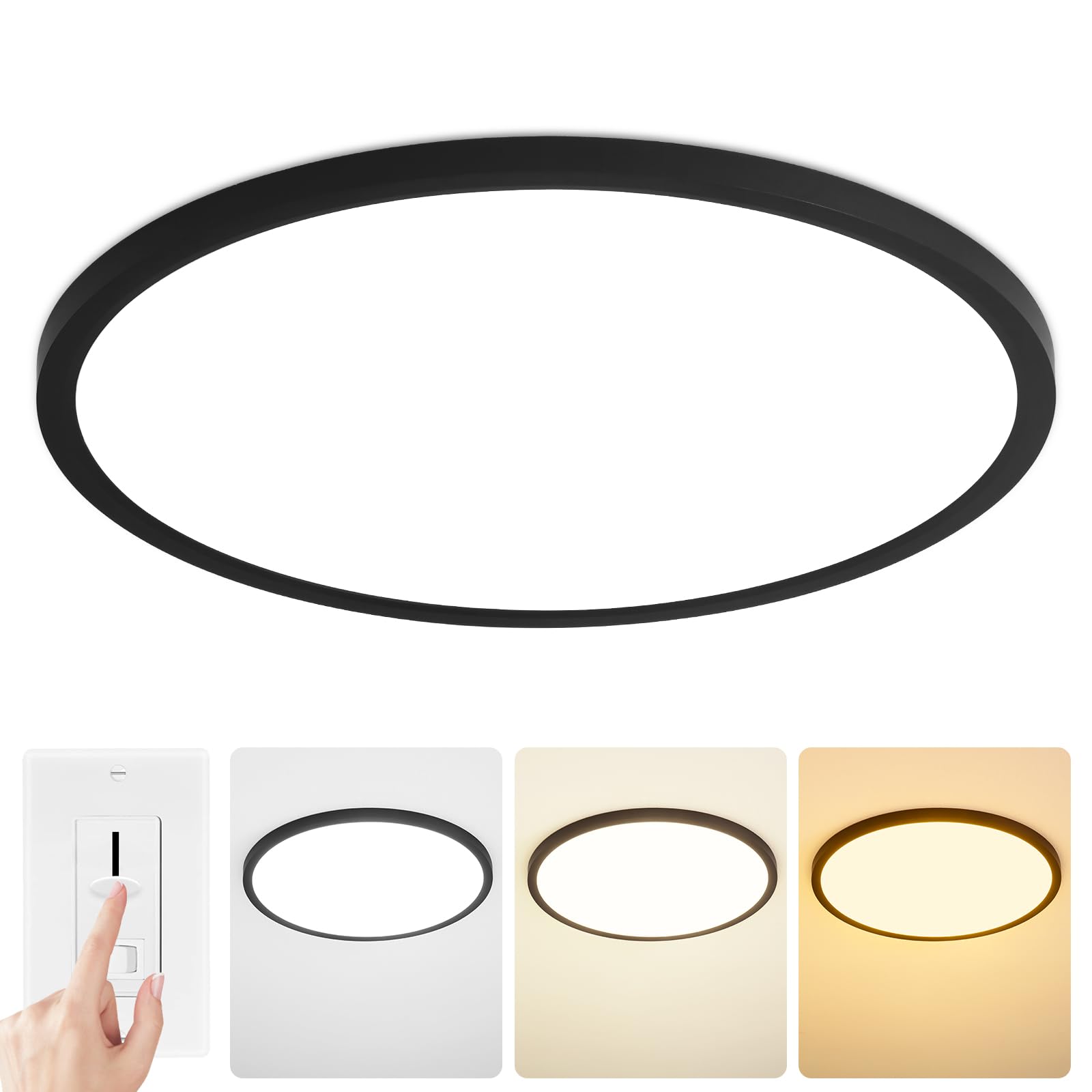 Glowall Modern 16'' Led Ceiling Light Fixture, Ultra Thin Flush Mount, Dimmable & 3000K/4500K/6000K Selectable, 28W 2800Lm, Blac