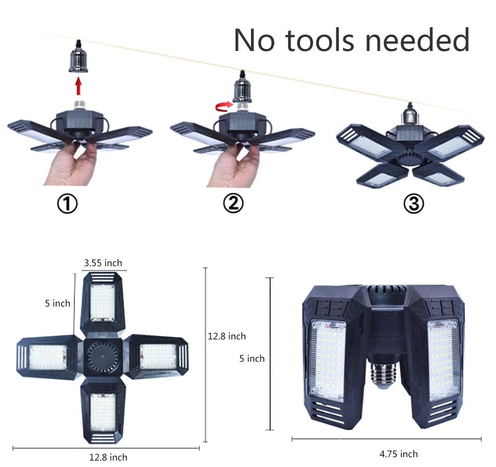 Anypowk Deformable Led Garage Lights - 12000 Lumen 6500K Daylight 120W, Four Leaf Garage Organization Ceiling Lighting, Pack Of