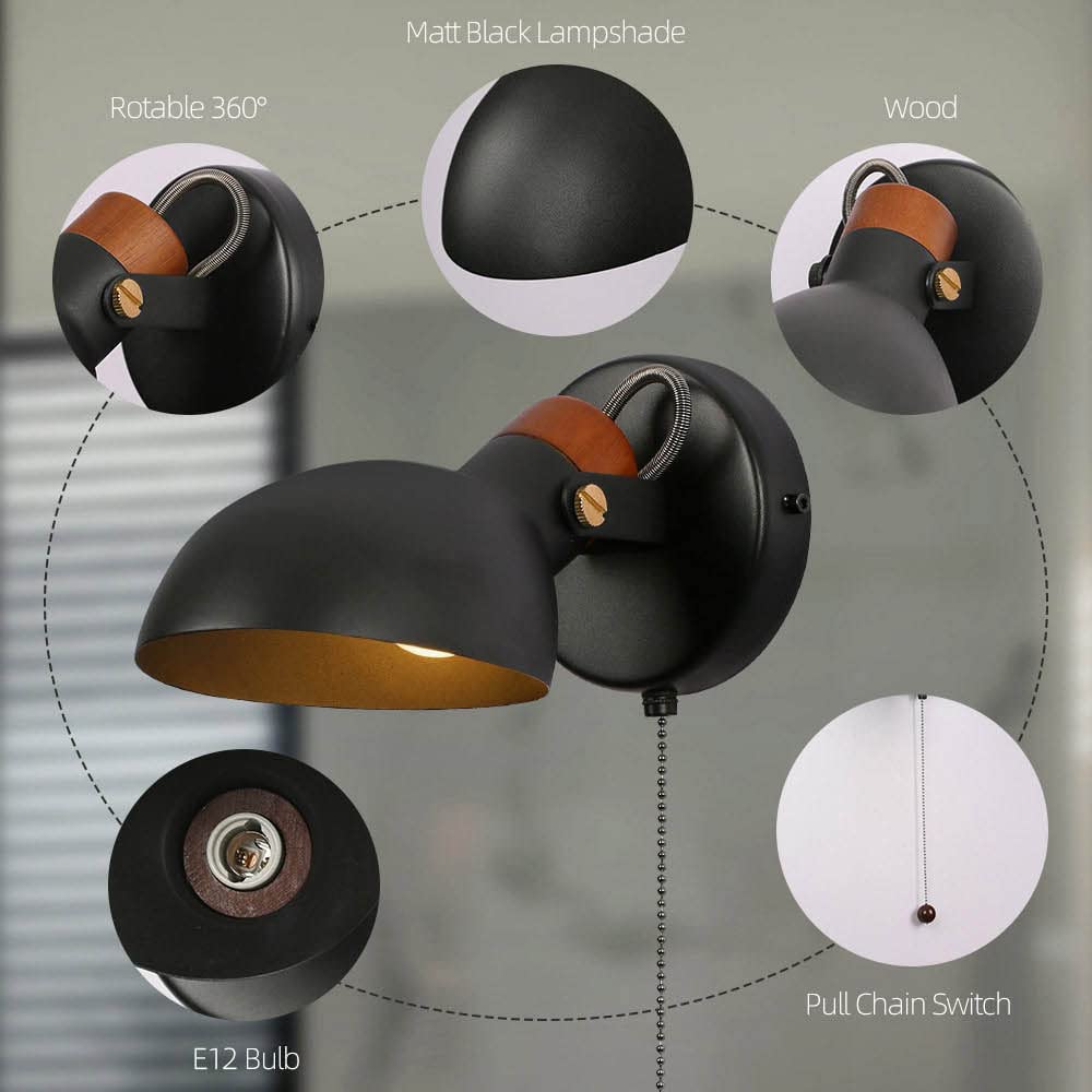 Aisilan Wooden Wall Sconce Set Of 2, Black Rotatable Bedroom Wall Light With Pull Chain Switch With E12 Bulb, Hard Wired Wall La