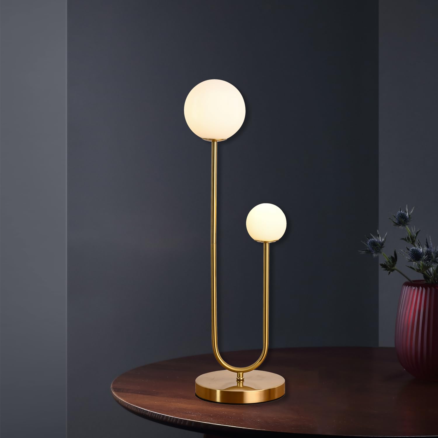AMARTIZ Mid Century Gold Globe Table Lamp Modern U-Shape 2-Light Desk Table Light with Milk White Glass Shade Metal Base Nightst