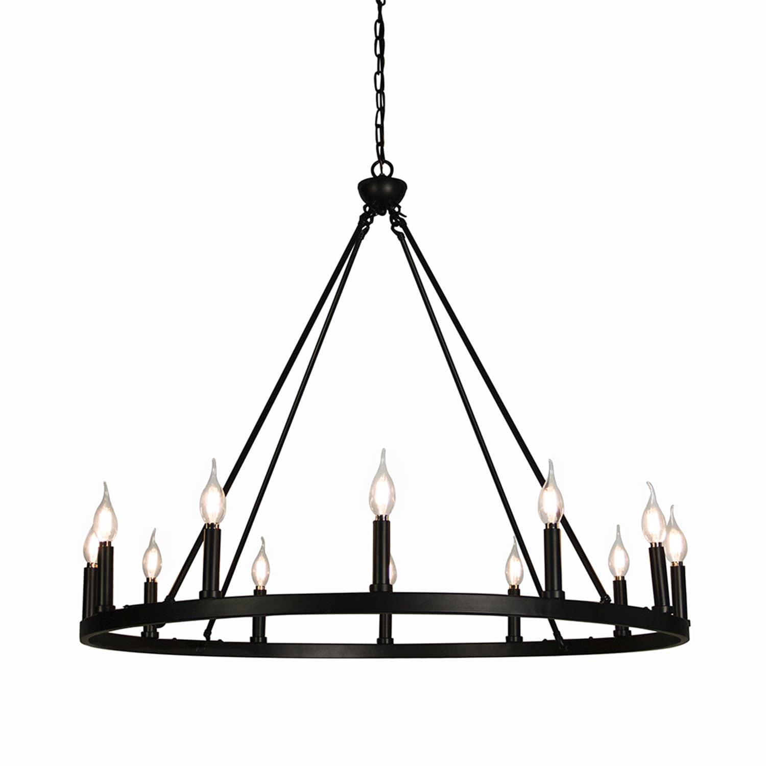 Canyonhome Cahua 12 Light Drum Chandelier, Matte Black Steel & Wooden Pattern, 37&quot; X 37&quot; X