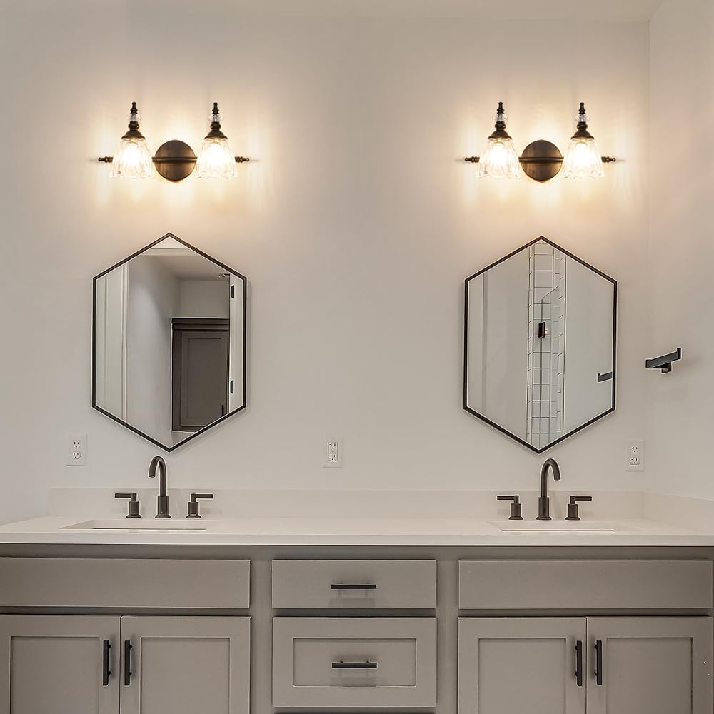Ditoon Matte Black Vanity Light - 2 Light Glass Shade Wall Sconce - Farmhouse Bathroom Lighting - Model DX230004V