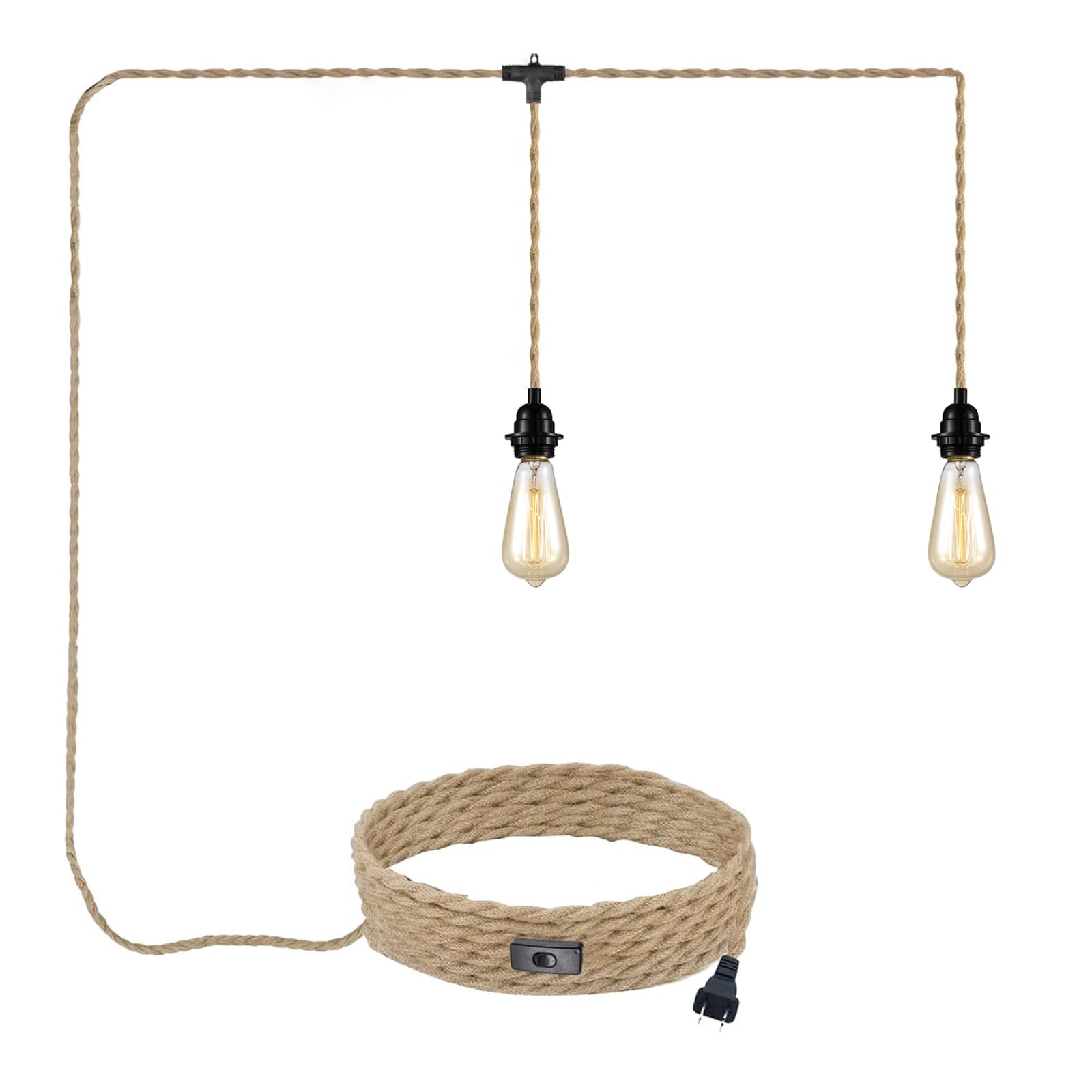 DTIEDY 2-Light Plug in Pendant Light Cord, 19.68 ft Hemp Rope Hanging Lights with Switch, 2 Bulbs E26 Sockets Vintage Hanging La