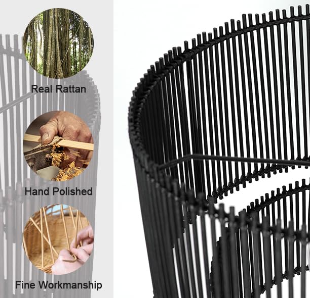 Rosient Woven Rattan Pendant Lamp, 16 Inch Large Natural Simple Hand Weaved Coastal Beach Black Rope Hanging Pendant Light Fixtu