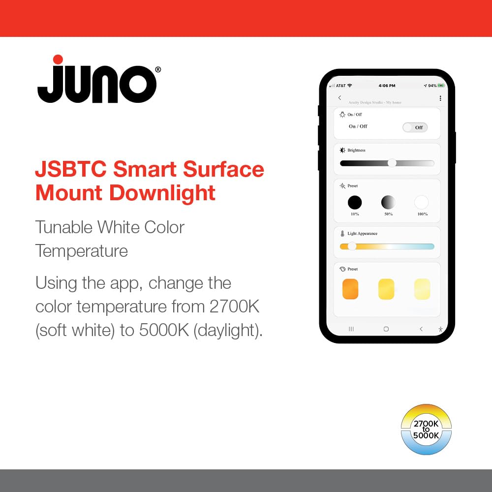 Juno Jsbtc 6In Tuwh 90Cri Wl Mw M6 Smart Surface Mount Disk Light, 2700K-5000K Tunable, 1100 Lumens, Connect With Zigbee Or Blue