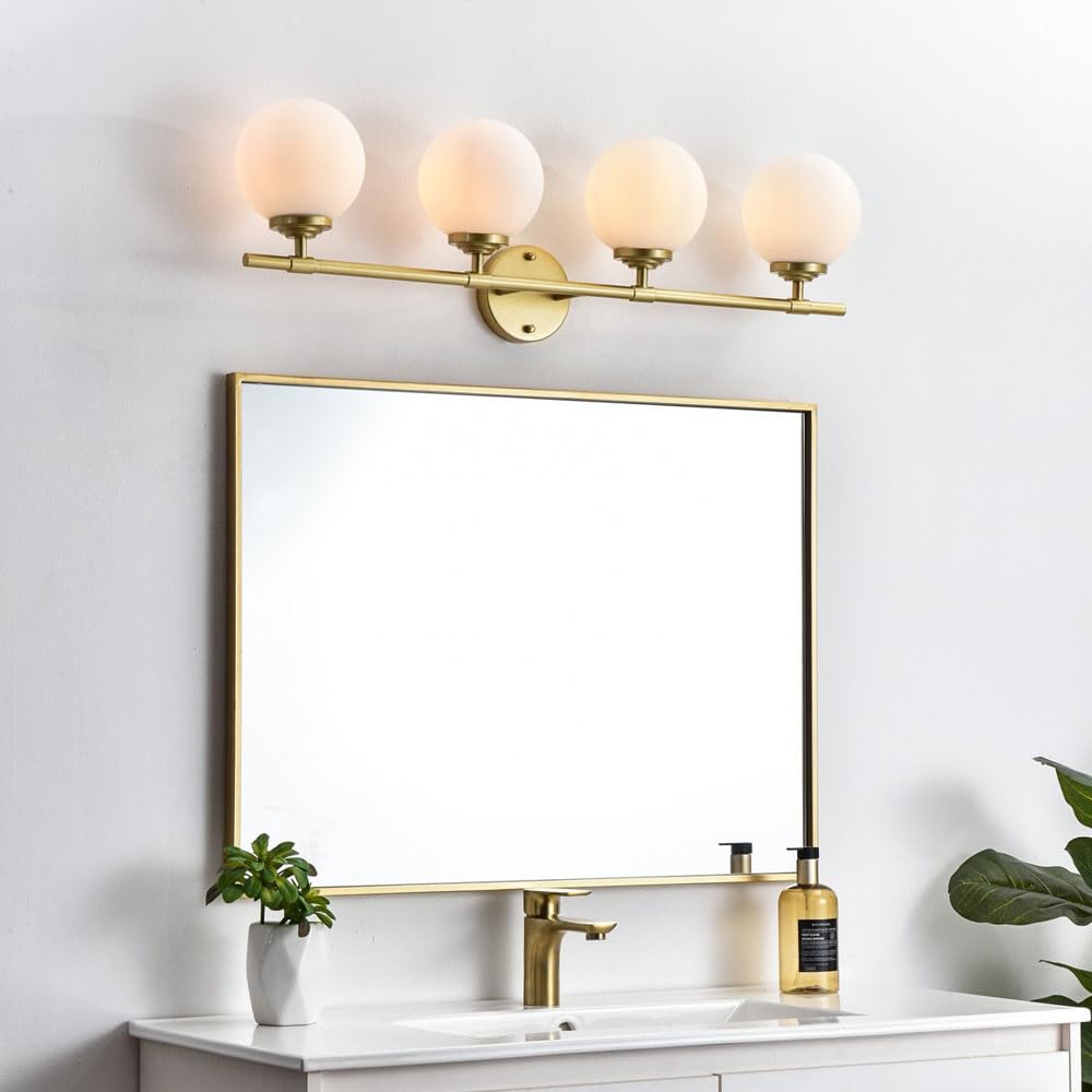 Living District Ansley 4-Light Iron & Glass Bath Sconce in Brass/Frosted White