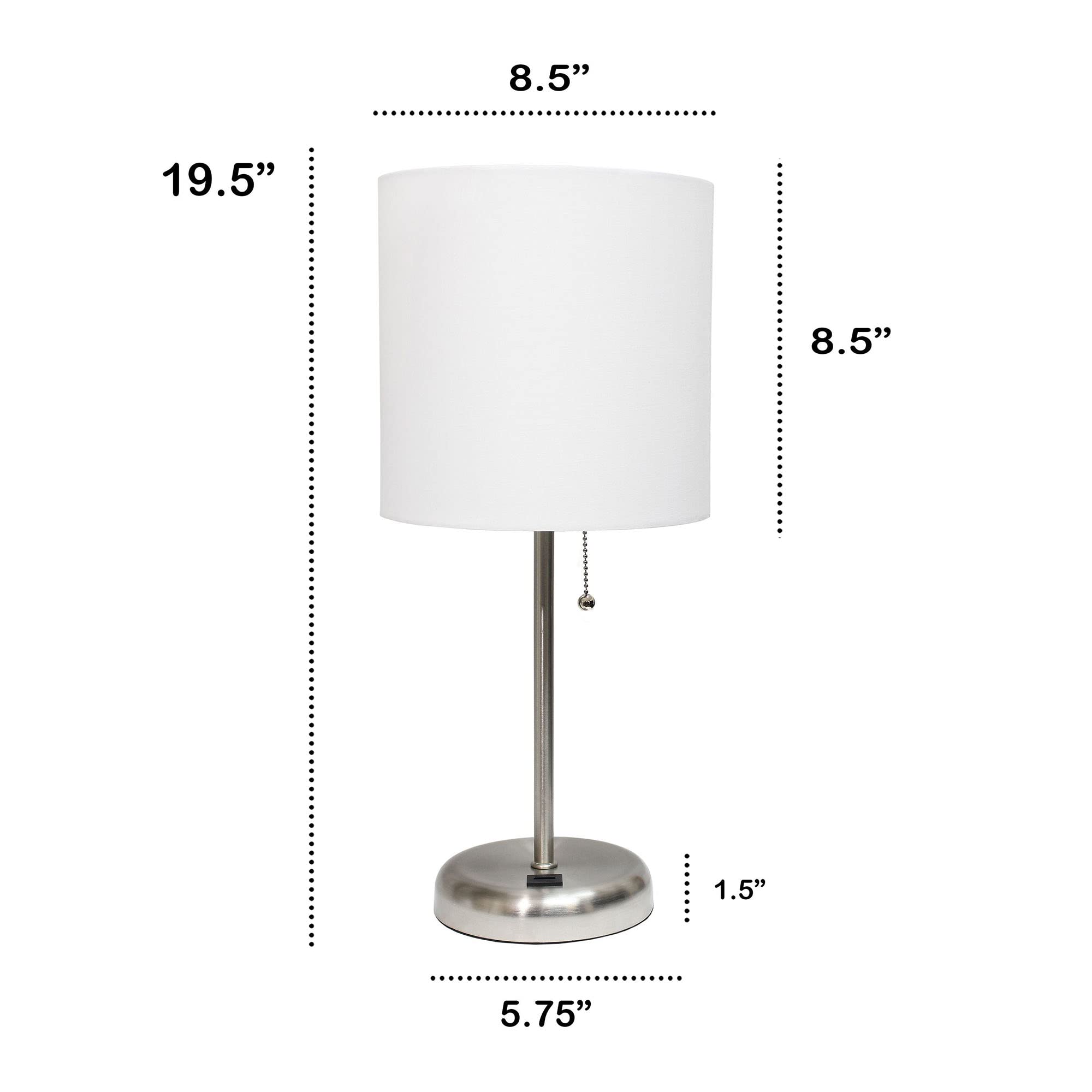 Creekwood Home Oslo 19.5" Contemporary Bedside Usb Port Feature Standard Metal Table Desk Lamp In Brushed Steel With White Drum Fabric Shade