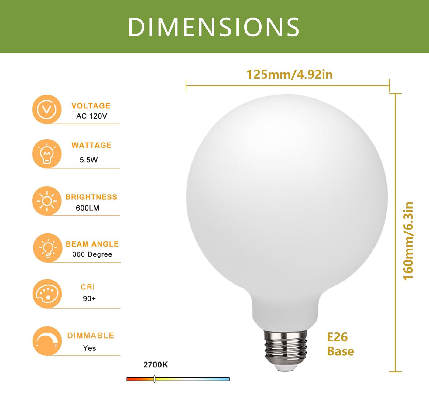 2 Pack G40(G125) Globe Led Light Bulbs, 5.5W Dimmable 50 Watt Equivalent Edison Bulbs, Warm White 2700K, 600Lm, E26 Base, Milky