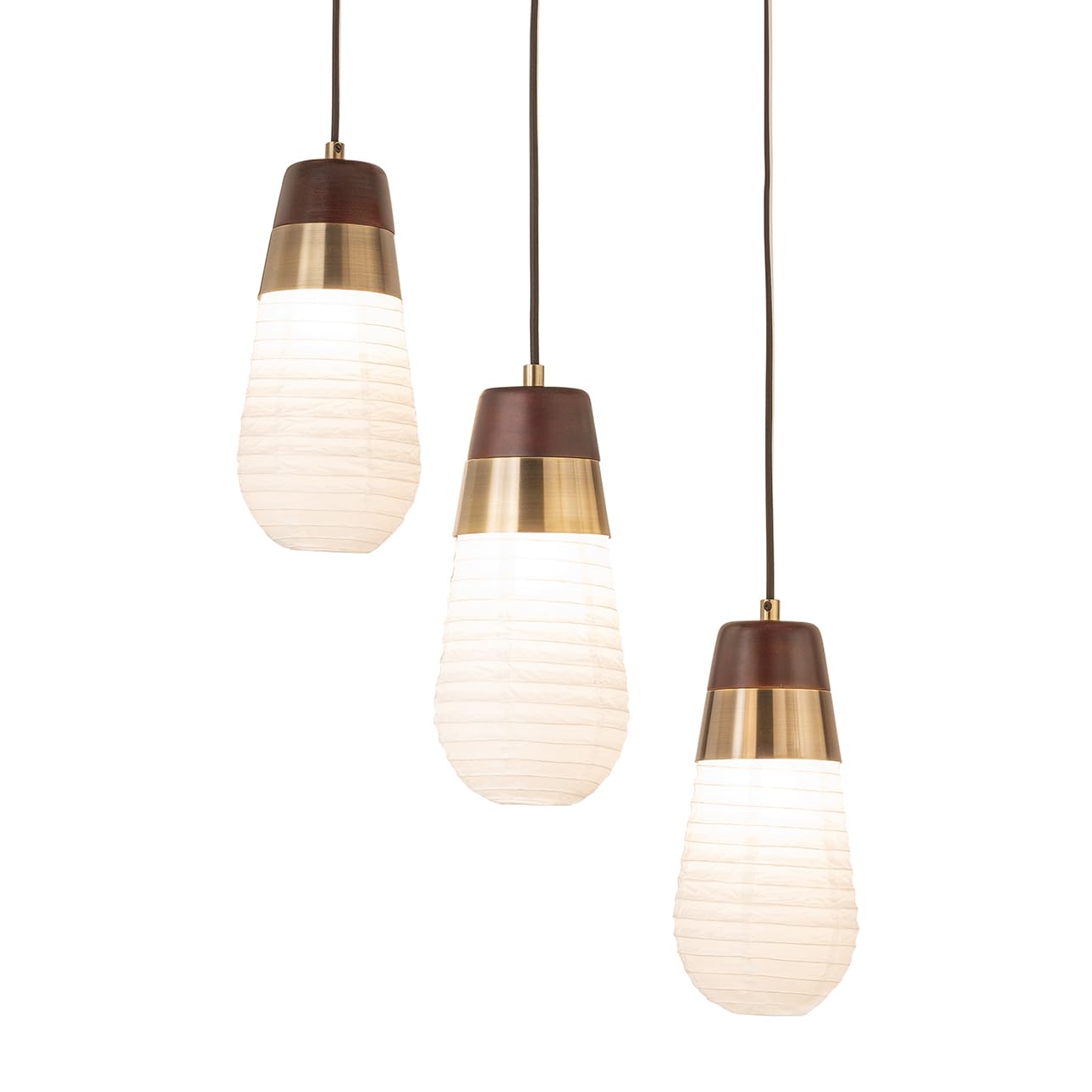 NOVA of California Sunset 3 Light Pendant Lamp - 27&quot;, Weathered Brass and Walnut, Hard-Wired