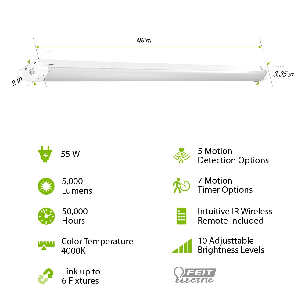 Feit Electric 46'' Led Utility Light, Motion Sensor With 5 Modes & Timer, Remote Control, 5000 Lumens, 4000K Cool White, 55W Ene