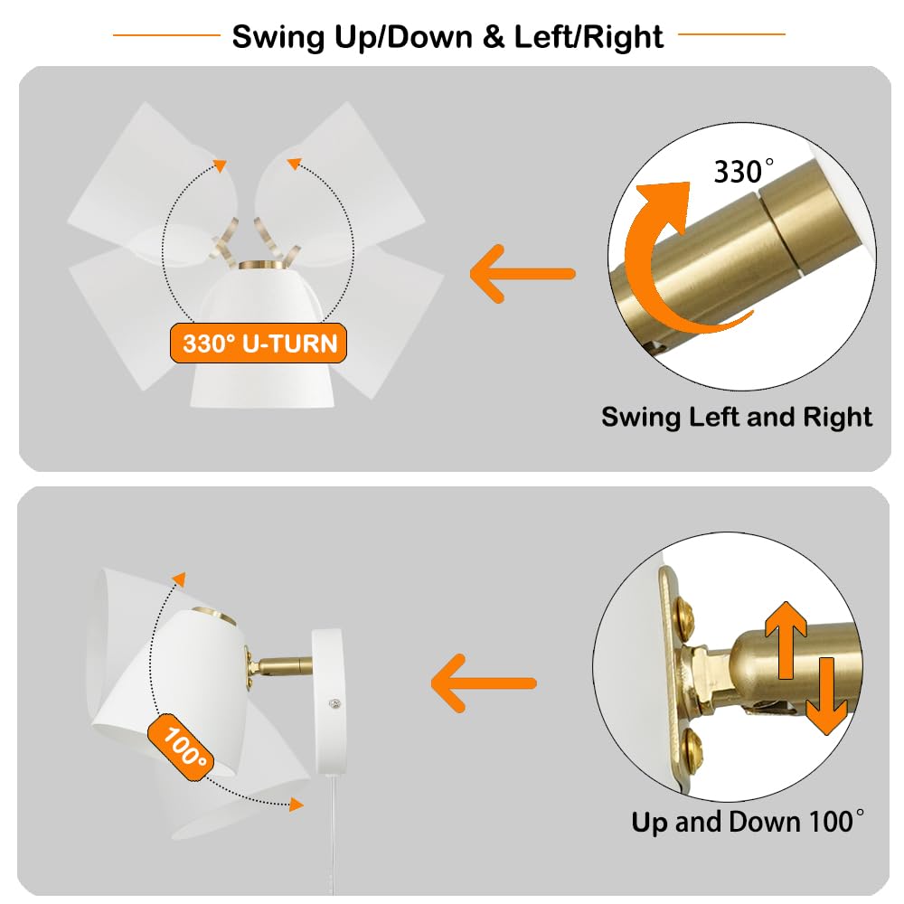 OIYIO Modern Plug in Wall Light, Adjustable 100°&330° Angle, LED Sconce, Metal, White, Model DX23009W1N