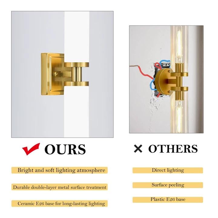 Gold Wall Sconces Set Of Two  Bathroom Sconces With Frosted Glass Shade  Modern Vanity Sconces Lighting Over Mirror  Wall Light Fixtures For Living Room Bedroom Hallway (Bulbs Not Included)
