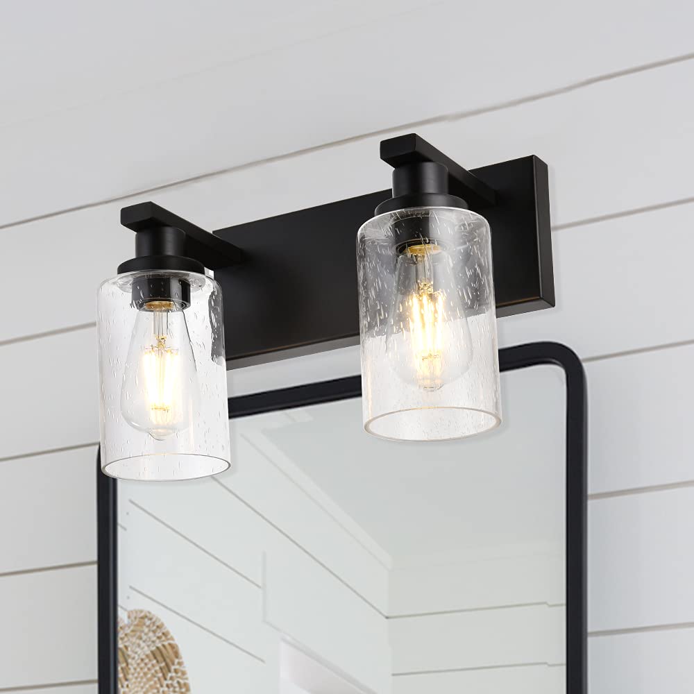 Winshen Vanity Lights 3-Lights Bathroom Light Fixtures Over Mirror In Black Finished, Bath Wall Lighting With Cylinder Seeded Gl