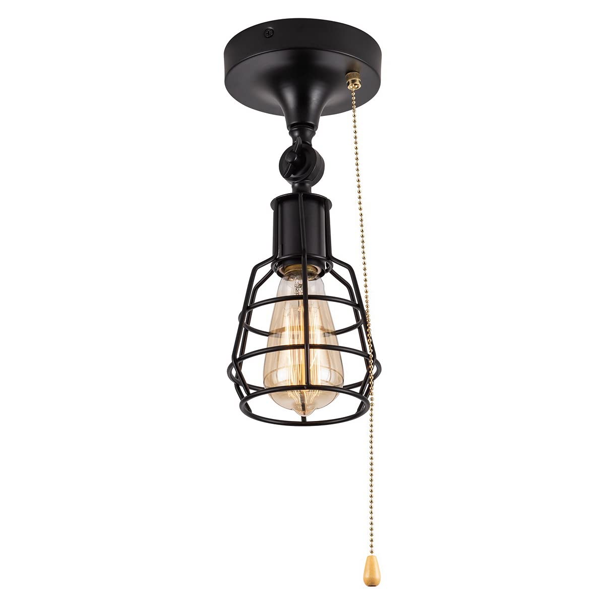 Industrial Farmhouse Close To Ceiling Light With Pull Chain 1 Light Black Semi Flush Mount Ceiling Light Adjustable Metal Cage D