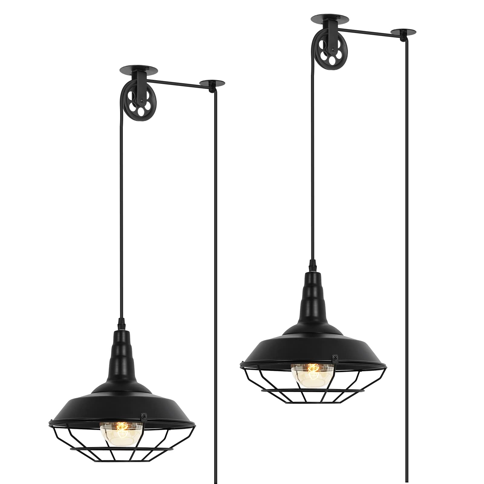 KIGHSIN Farmhouse Black Metal Wire Cage Plug in Pulley Pendant Lights with 19.4ft Adjustable Cord On/Off Switch, Industrial Vint