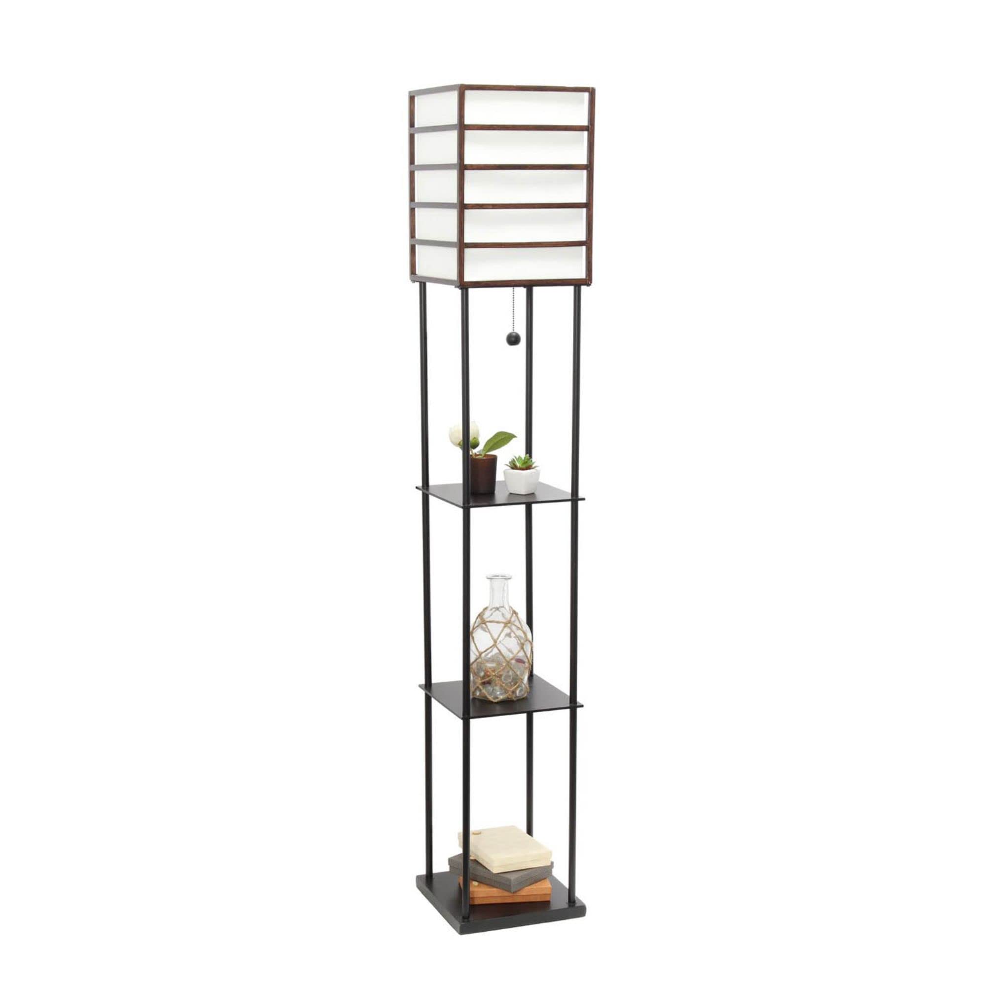 LALIA HOME Metal Etagere Floor Lamp with Linen Shade, Dark Wood, Model LHF-5055-DW, Storage Shelves
