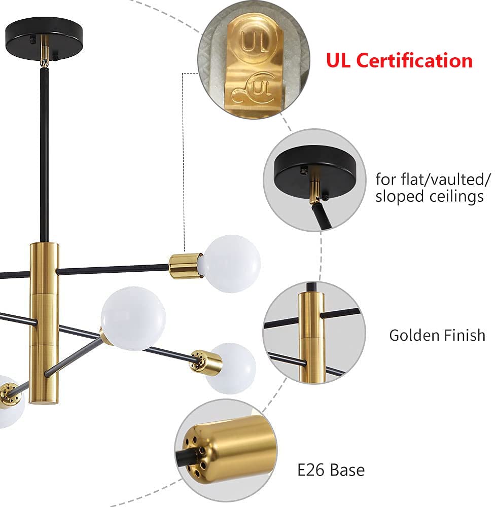 Deyidn Sputnik Chandelier - Mid Century Modern 6-Light Pendant Lighting In Black Gold