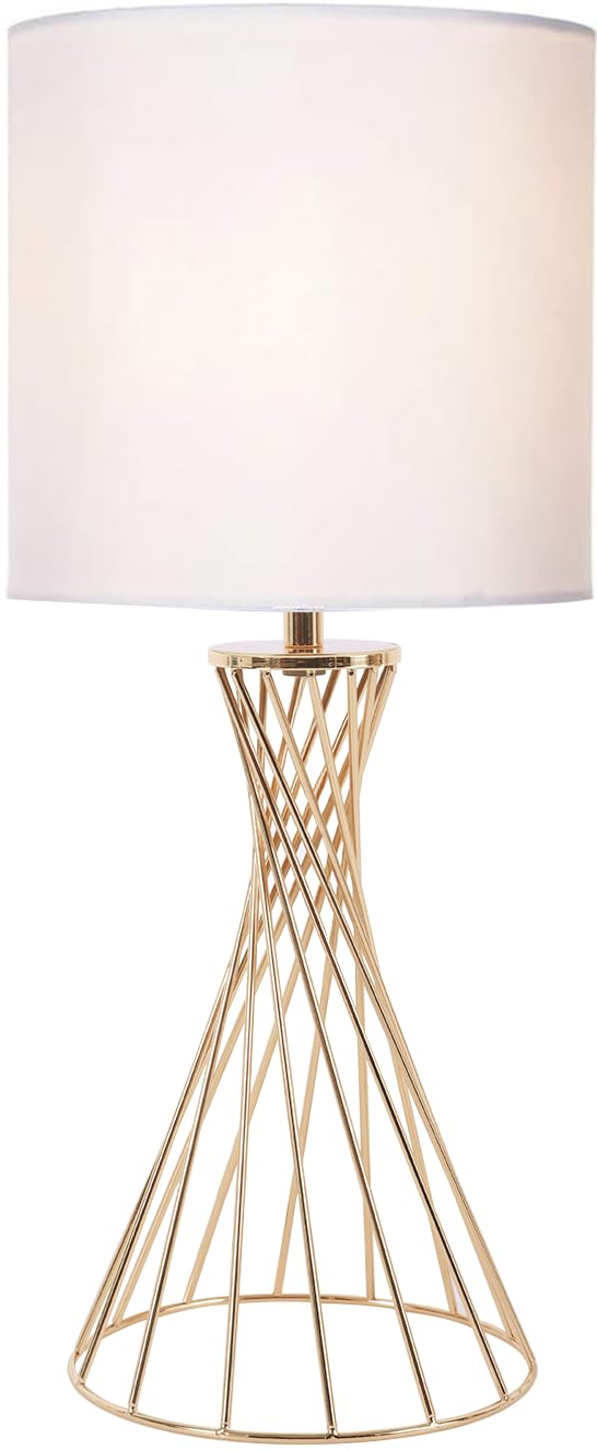 Popity Home Gold Table Lamp, Nightstand Lamp, Small Cute Desk Lamp, Modern Bedside Lamp With White Fabric Shade, Metal Geometric