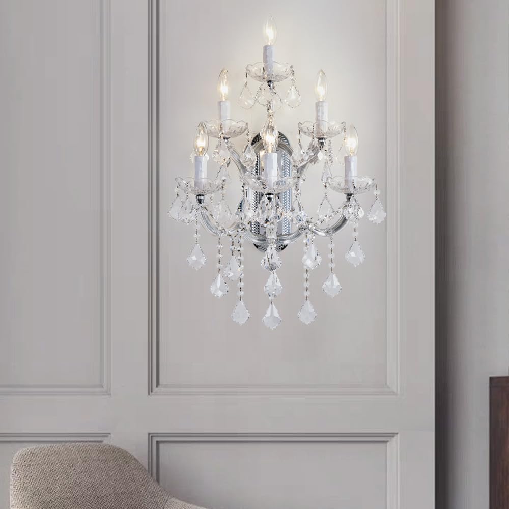 Tmafon Large Modern Crystal Wall Lamp - 6 Lights Maria Theresa Wall Chandelier Light Fixtures, Chrome Wall Mounted Sconce For Ho