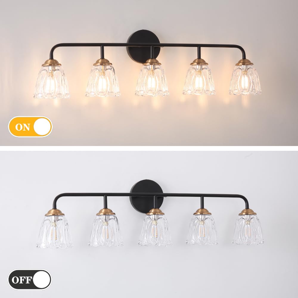 Vintage Vanity Lighting For Bathroom, Black And Gold Bathroom Vanity Light Fixtures With Clear Glass Shade, Elegant 5-Light Bath