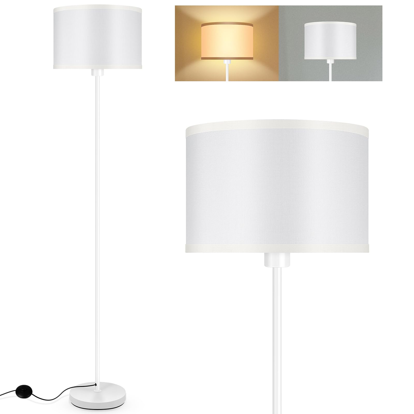 AUQUEE Floor Lamp, Standing Lamp, Small Floor Lamp with Lampshade, 59'' Tall Lamp for Bedroom, Foot Switch, Simple White Pole La