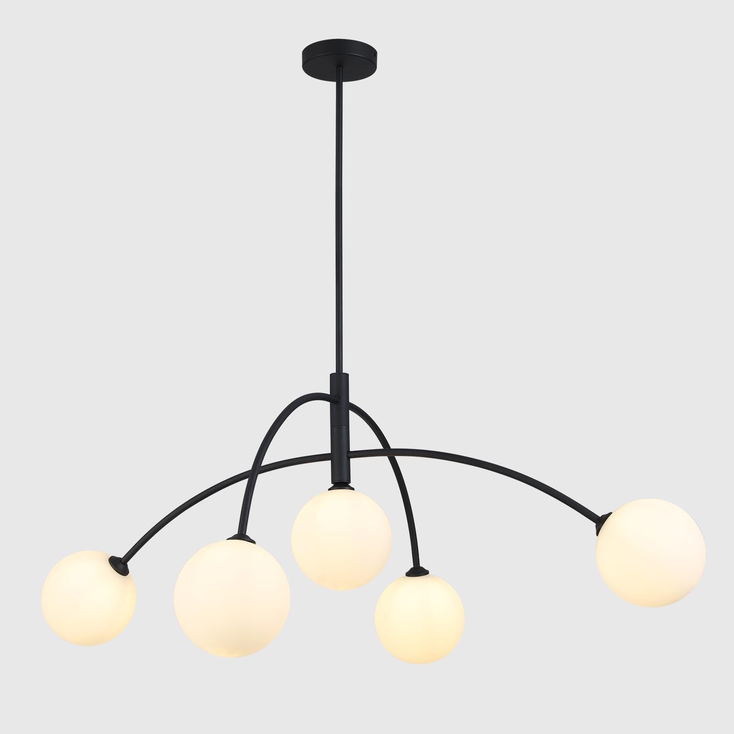 Fulesi Mid Century Chandelier Black Ceiling Light 5 Light Sputnik Light Fixture With White Glass Globe Adjustable Modern Sputnik