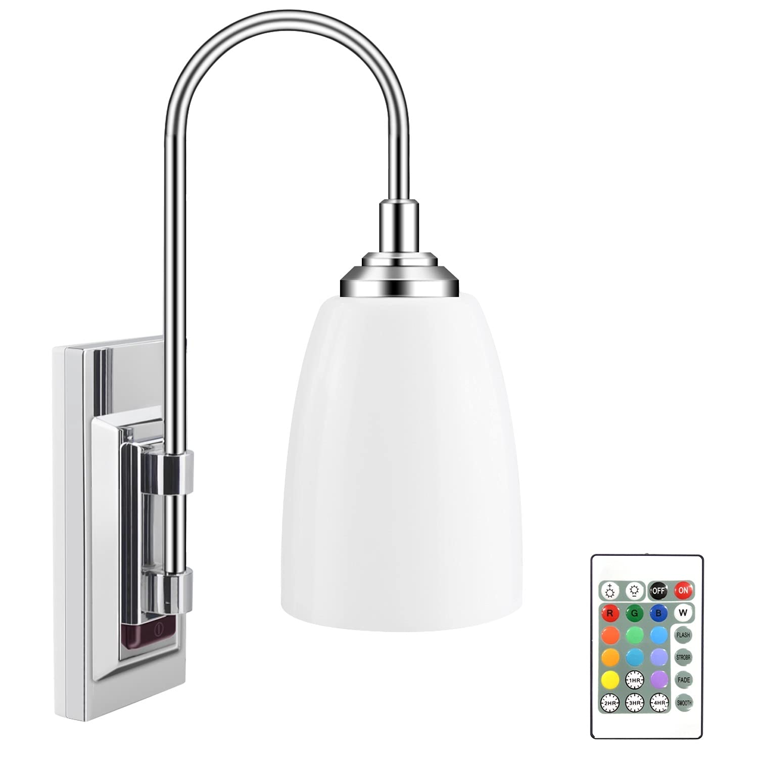 LUXSWAY Wall Lamp, 12 Colors Changing, Dimmable Sconce, Battery Operated, Silver, Model DY780IR-12C-1