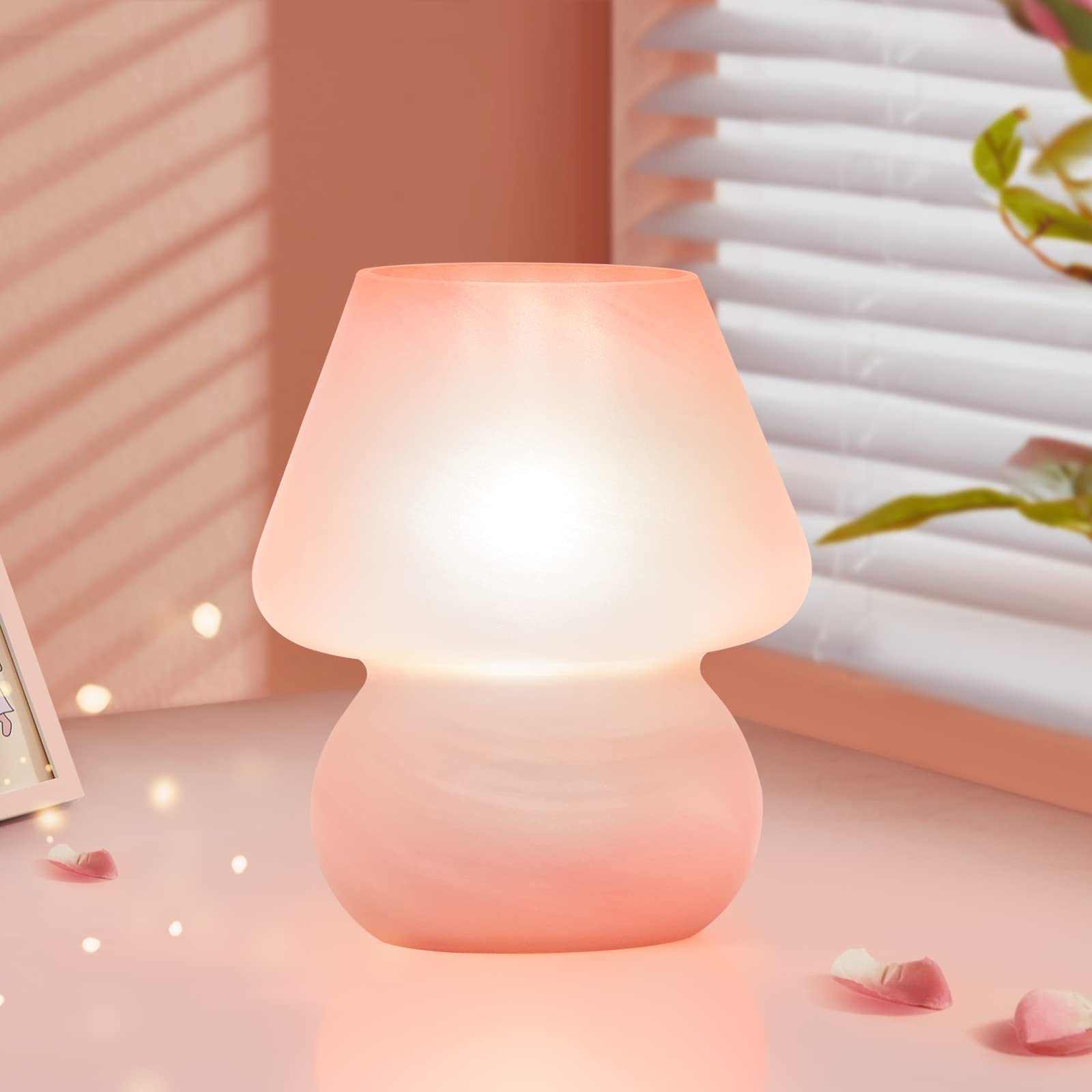 ONEWISH Mushroom Lamp Cute Table Lamp for Bedroom Nightstand Soft Light Pink, Small Glass Nightlight Stepless Dimmable Desk Lamp