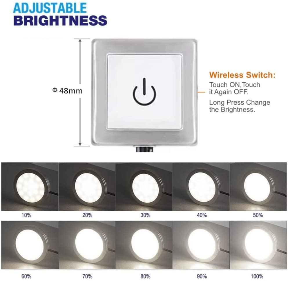 Vst Under Cabinet Lights Plug In With Wired Touch Dimmer Switch,Recessed Or Surface Mount,Natural White 3000K 12V 2W(12W Total, 60W Equivalent),6 Pack White Puck Lights Fixtures