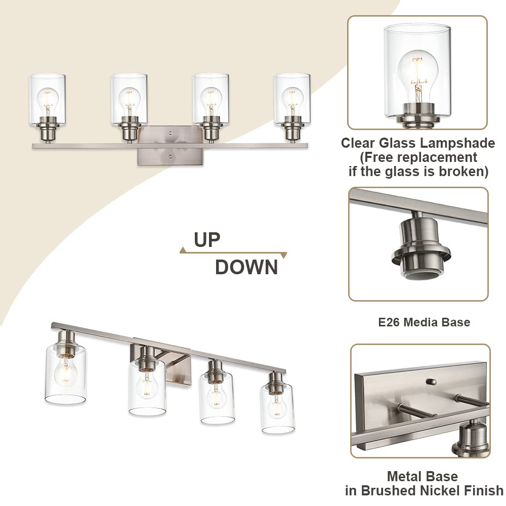 VINLUZ 4 Light Wall Sconce, Brushed Nickel, Clear Glass Shade, Metal Base, Bathroom Vanity Lighting Fixture