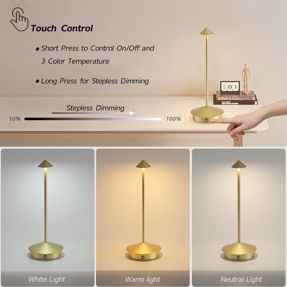 Simisand Cordless Table Lamp, 6000mAh Rechargeable LED, Portable Design, Standard Size, Gold, Model 1809-2Gold-A