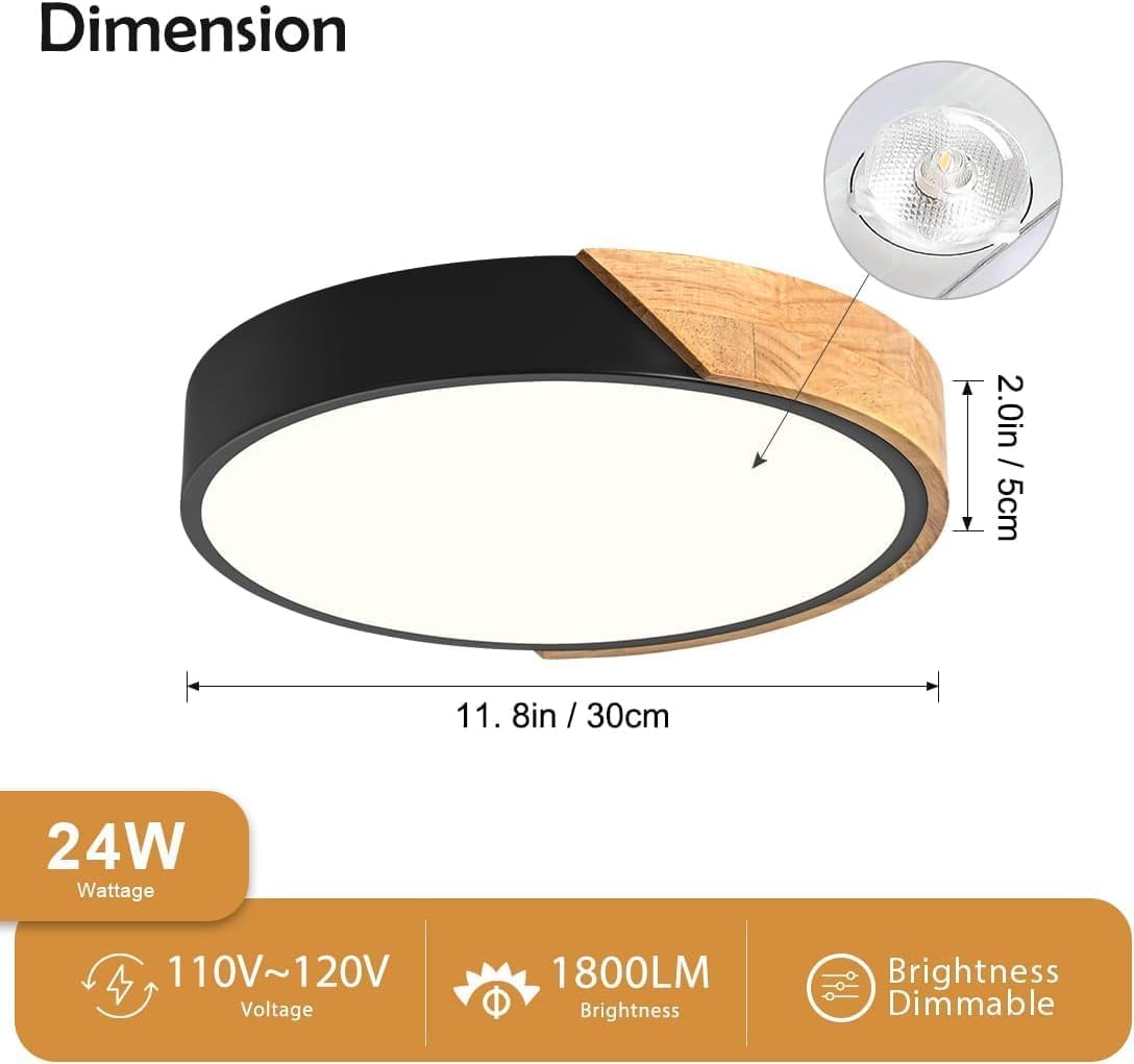Vikaey Modern Dimmable Led Ceiling Light, Minimalist Wood Style 5Cct 2700K-6000K Flush Mount Ceiling Light Fixture, Round Lighti