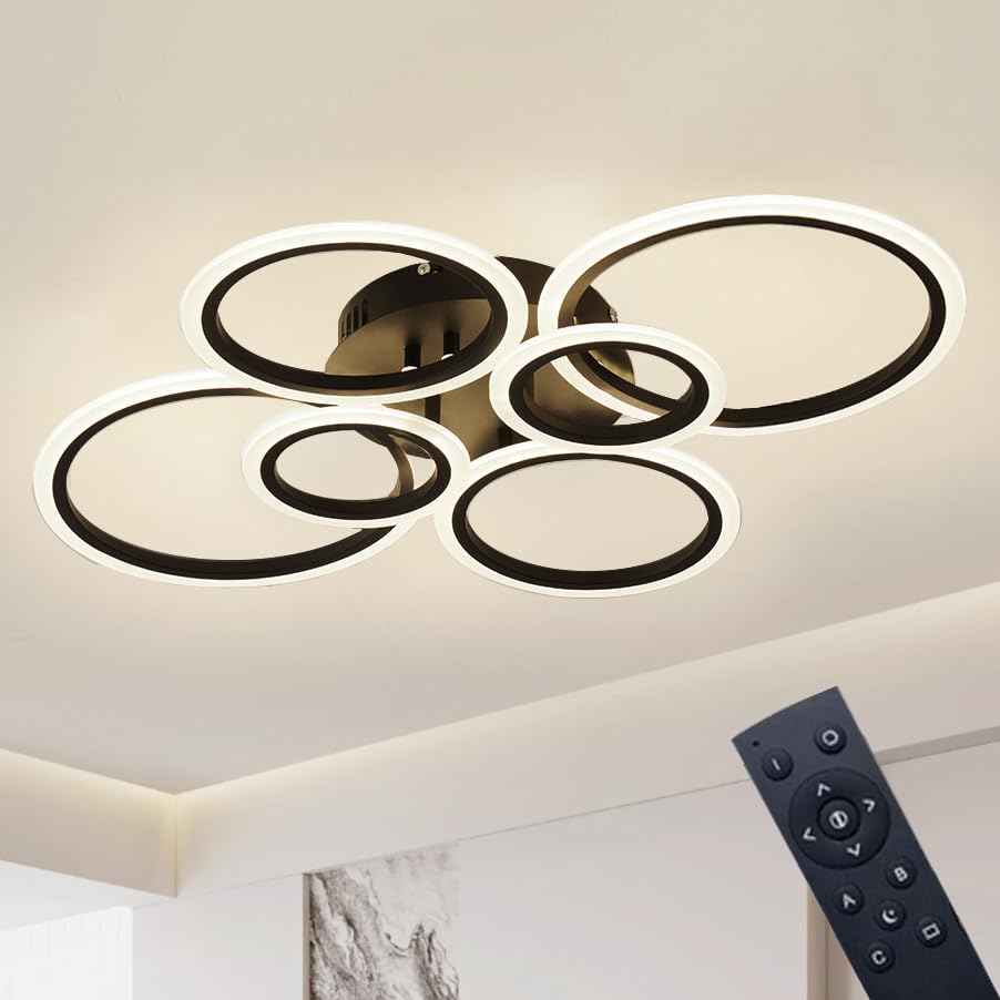 Cyaruy Modern Light Fixtures Ceiling, Dimmable Led Semi-Flush Mount Ceiling Lighting, 6-Rings Black Chandelier Ceiling Lamp With