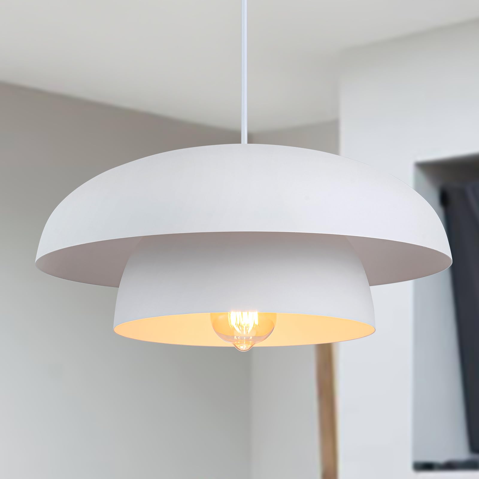 Lingkai 15.7" White Modern Pendant Light Fixtures, Kitchen Lighting Fixtures Ceiling Hanging Light Fixtures, Farmhouse Large Pendant Light For Kitchen Island Lighting Hanging Lamp