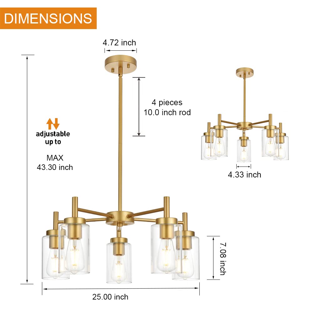 VINLUZ Retro Chandelier, 5 Light, Clear Glass Shade, Metal, Gold Finish, Modern Pendant Lighting for Kitchen Island, Dining Room