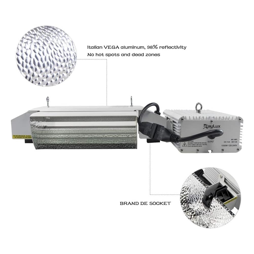 Generic Raylux 1000W DE HID Grow Light System, Aluminum Open Style Reflector, Silver with Controller Port